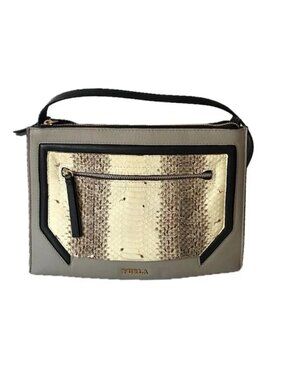 Furla Snakeskin Leather Crossbody Shoulder Bag Gray Cream Charcoal Zipper EUC